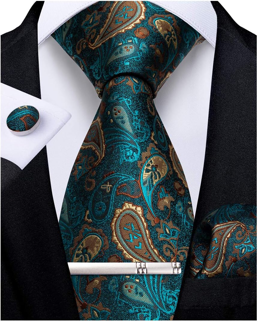 Paisley Ties for Men Silk Necktie and Pocket Square Cufflinks Tie Clip Set Woven Classic Mens Tie for Wedding Party