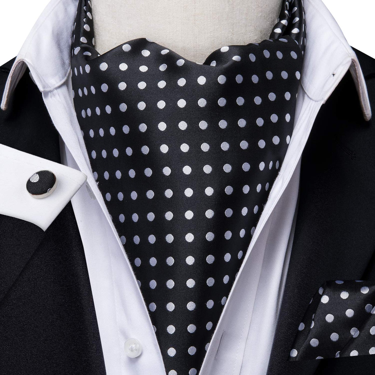 Silk Ascot for Men Self Tie Men's Cravat and Flower Lapel Pin Handkerchief Cufflinks Set for Wedding Party