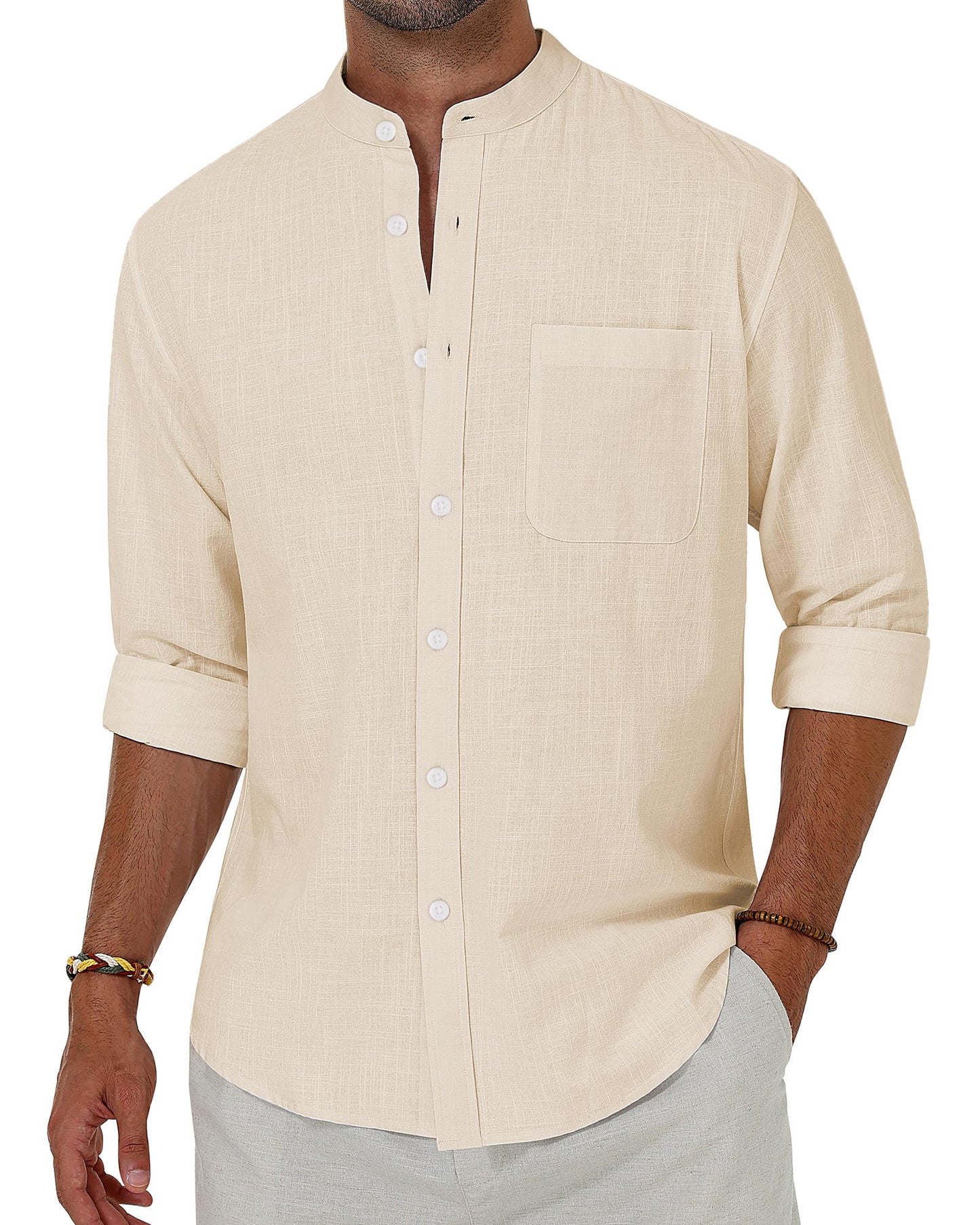 Alimens & Gentle Men's Cotton Linen Shirts Long Sleeve Button Down Shirt Band Collar Beach Shirts