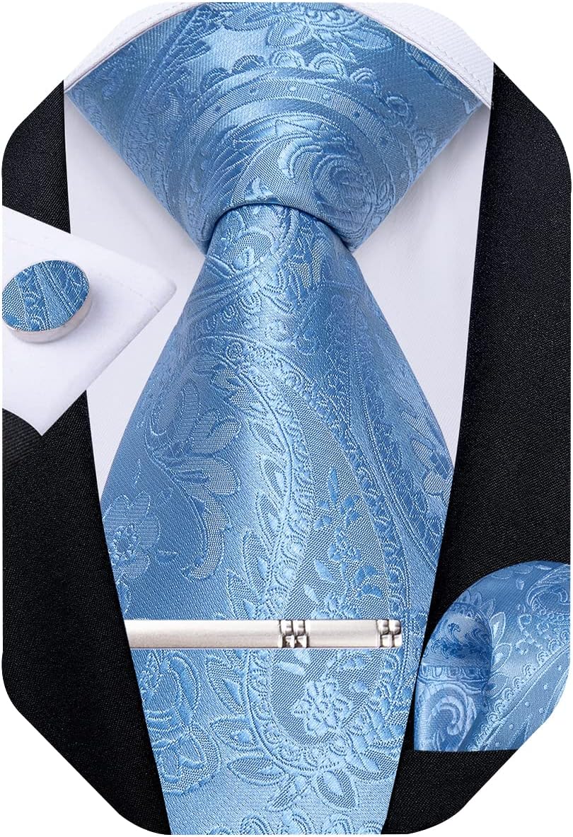 Paisley Ties for Men Silk Necktie and Pocket Square Cufflinks Tie Clip Set Woven Classic Mens Tie for Wedding Party
