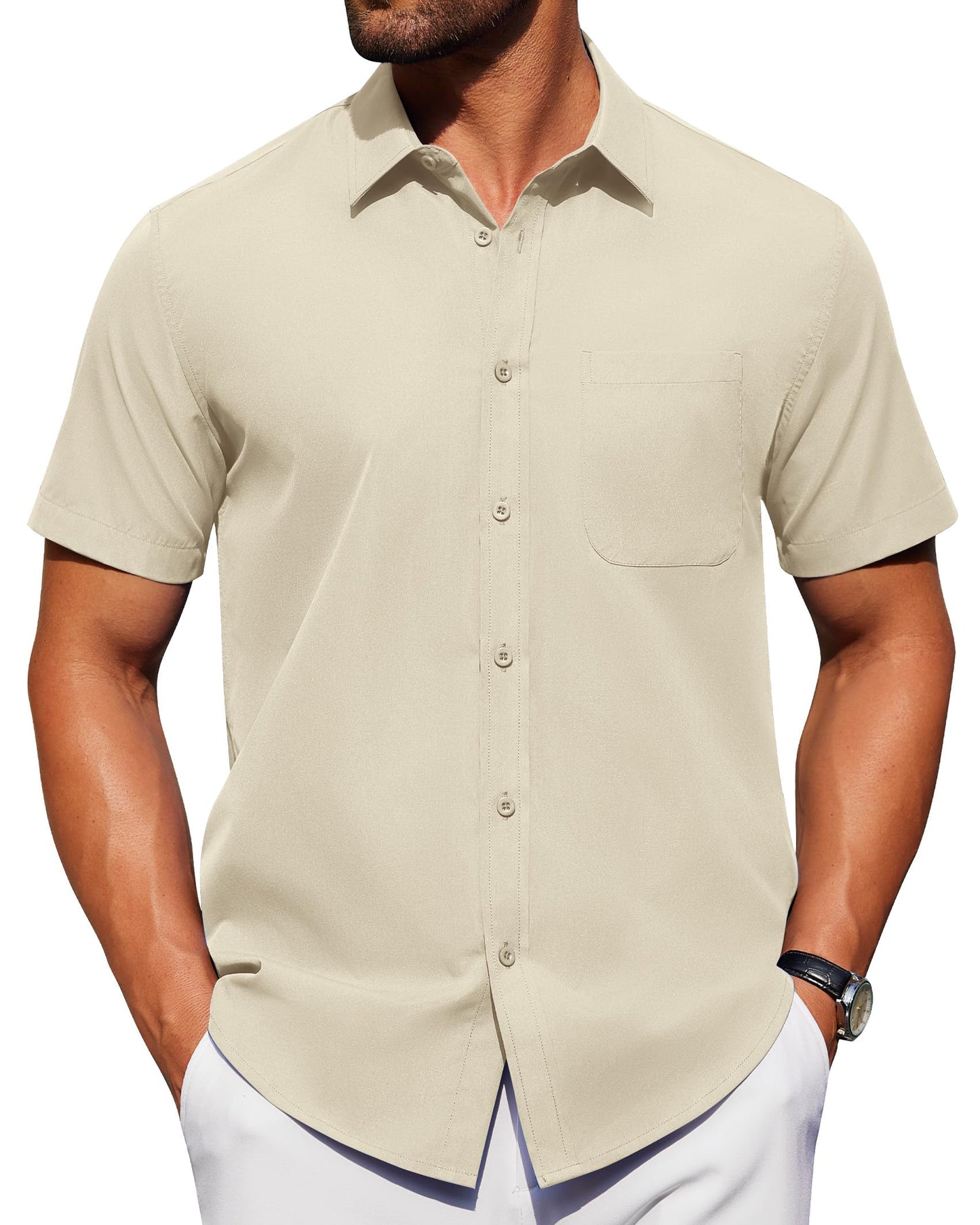 Alimens & Gentle Mens Short Sleeve Dress Shirt Wrinkle Free Solid Casual Button Down Shirts for Summer Business Wedding