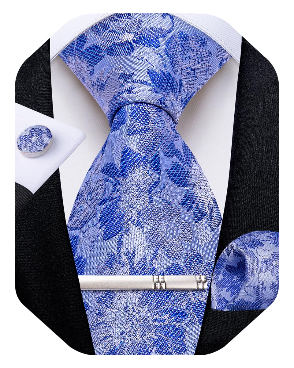 Silk Floral Ties for Men Woven Paisley Necktie and Tie Clip Handkerchief Cufflinks Set for Party Wedding