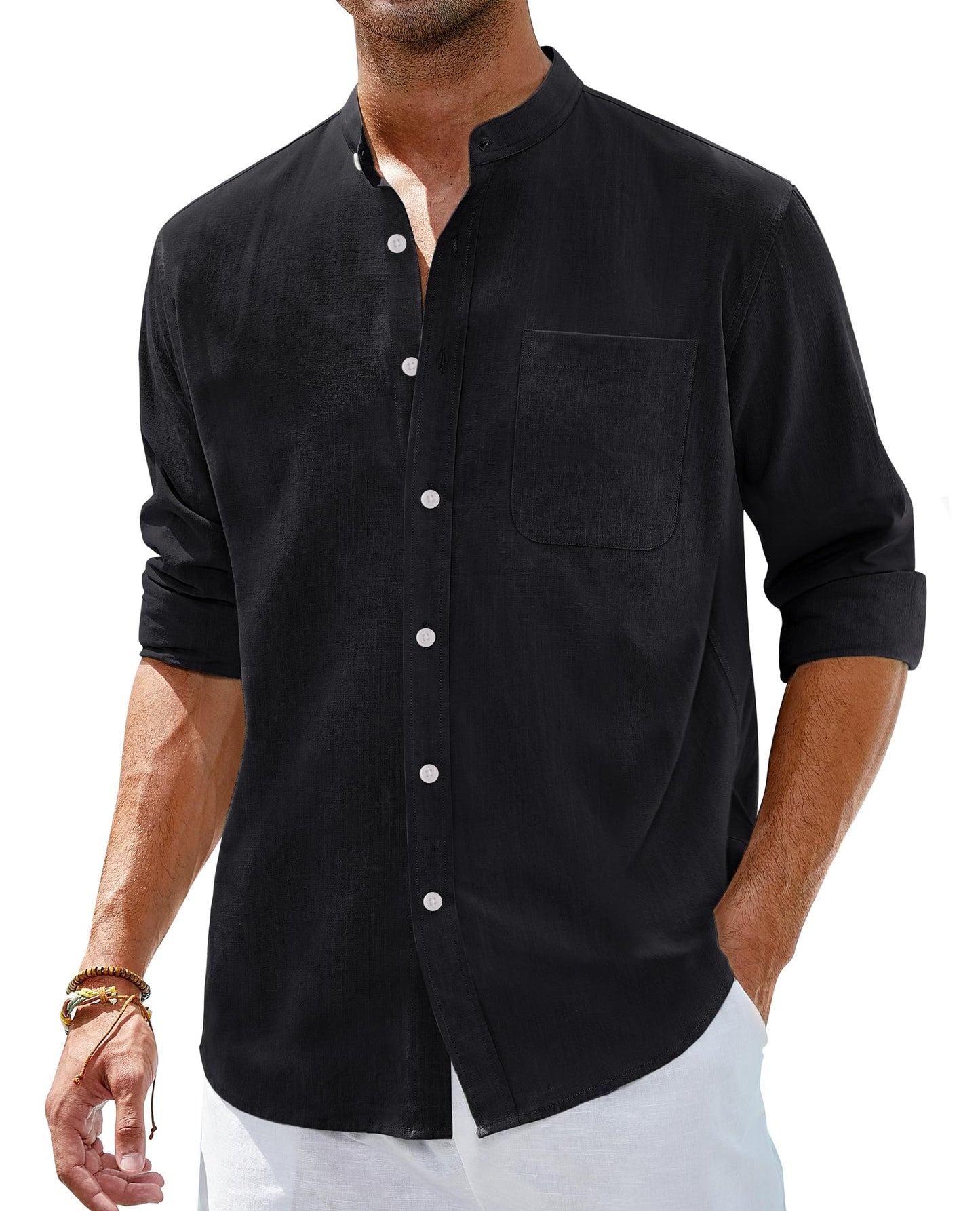 Alimens & Gentle Men's Cotton Linen Shirts Long Sleeve Button Down Shirt Band Collar Beach Shirts