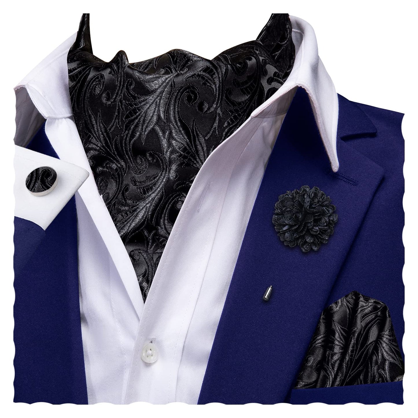 Ascot for Men Silk Cravat Handkerchief Cufflinks Lapel Pin Scarf Tie Sets Wedding Party Formal
