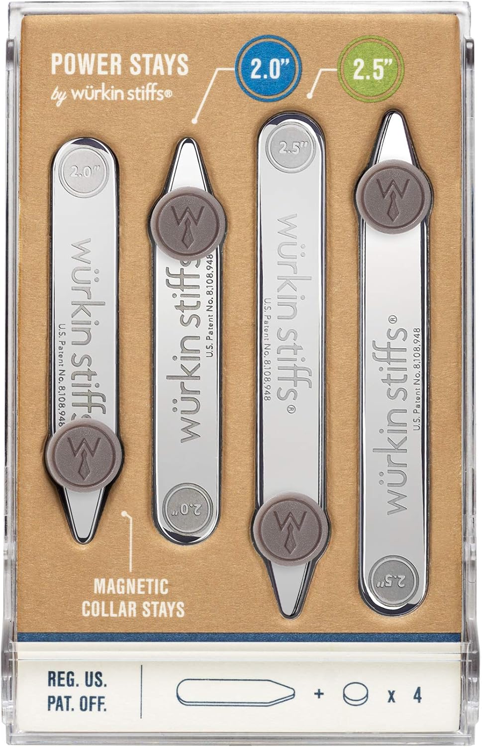 2.0-inch and 2.5-inch Power Stays Magnetic Collar Stays by Würkin Stiffs | 1 Pair of Each Size | Includes (2) 2.0” Power Stays and (2) 2.5” Power Stays with Storage Case | As Seen on Shark Tank