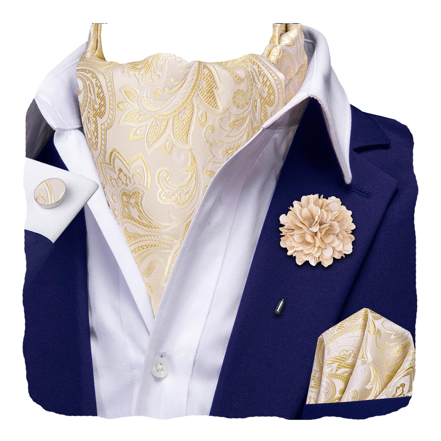 Silk Ascot for Men Self Tie Men's Cravat and Flower Lapel Pin Handkerchief Cufflinks Set for Wedding Party