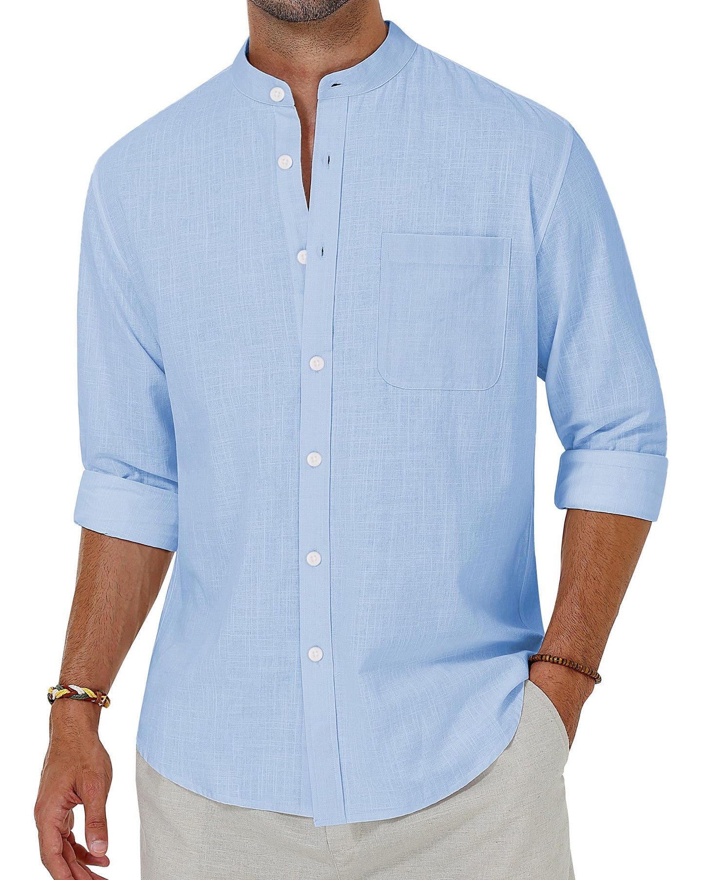 Alimens & Gentle Men's Cotton Linen Shirts Long Sleeve Button Down Shirt Band Collar Beach Shirts