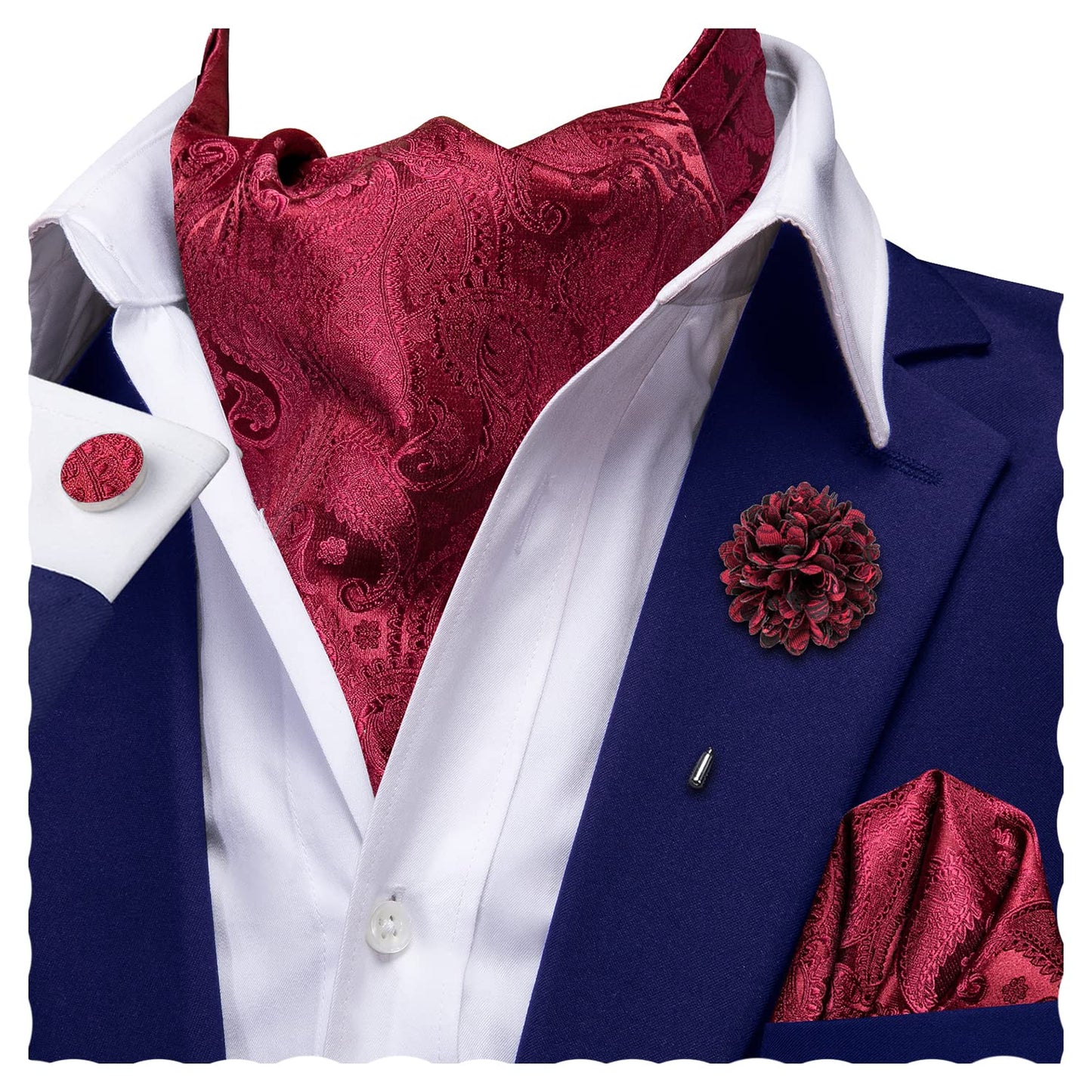 Ascot for Men Silk Cravat Handkerchief Cufflinks Lapel Pin Scarf Tie Sets Wedding Party Formal