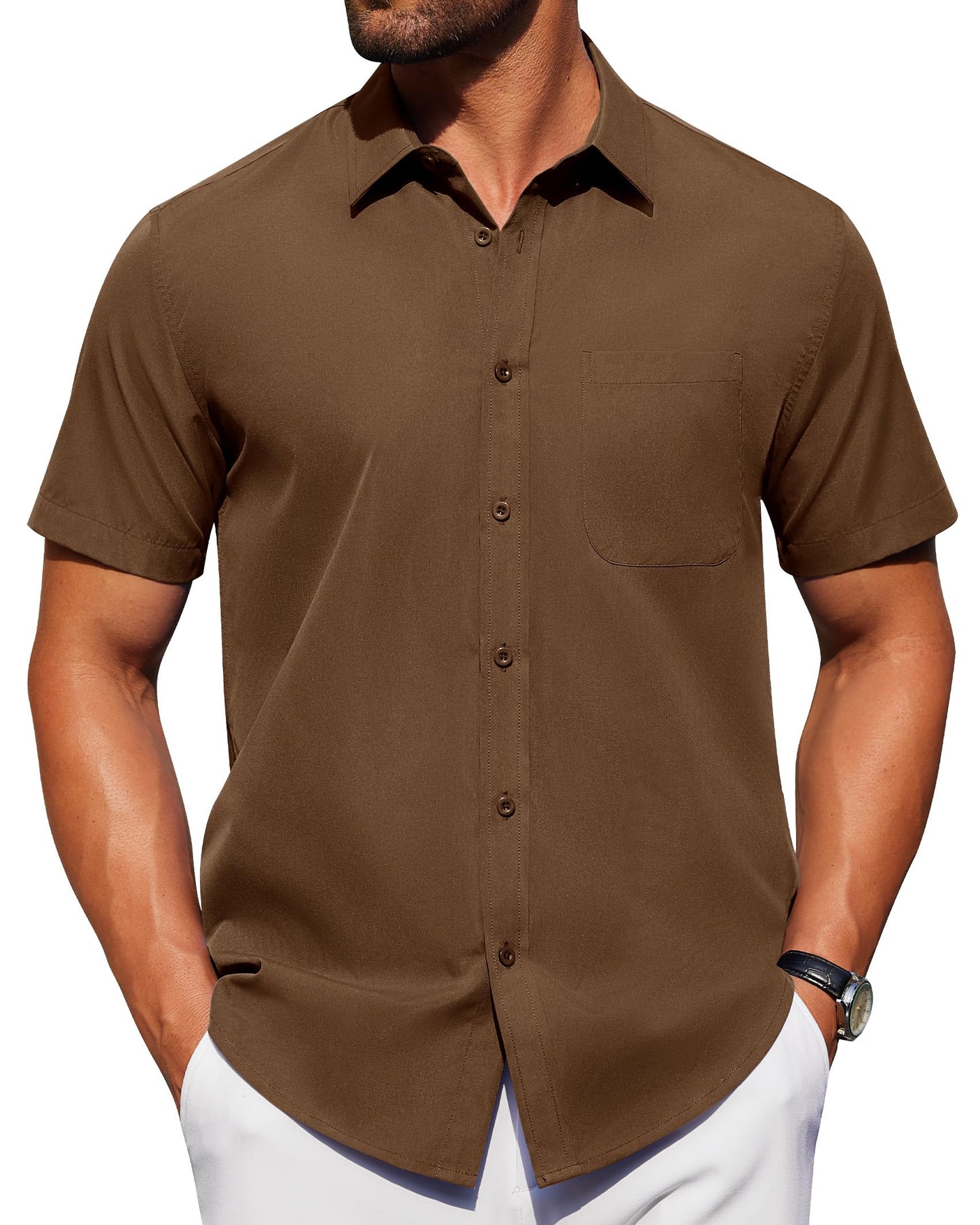 Alimens & Gentle Mens Short Sleeve Dress Shirt Wrinkle Free Solid Casual Button Down Shirts for Summer Business Wedding