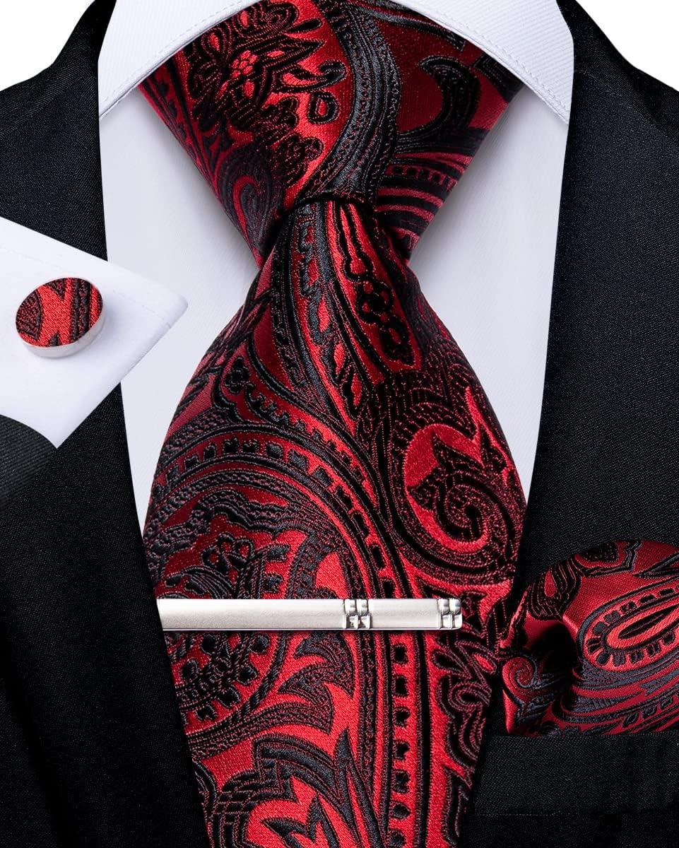 Paisley Ties for Men Silk Necktie and Pocket Square Cufflinks Tie Clip Set Woven Classic Mens Tie for Wedding Party