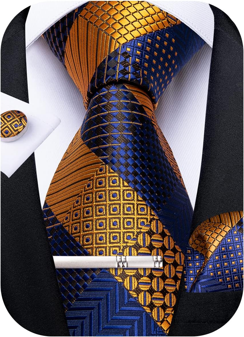 Plaid Ties for Men Silk Checkered Necktie and Pocket Square Cufflinks Tie Clip Set with Gift Box for Wedding Business