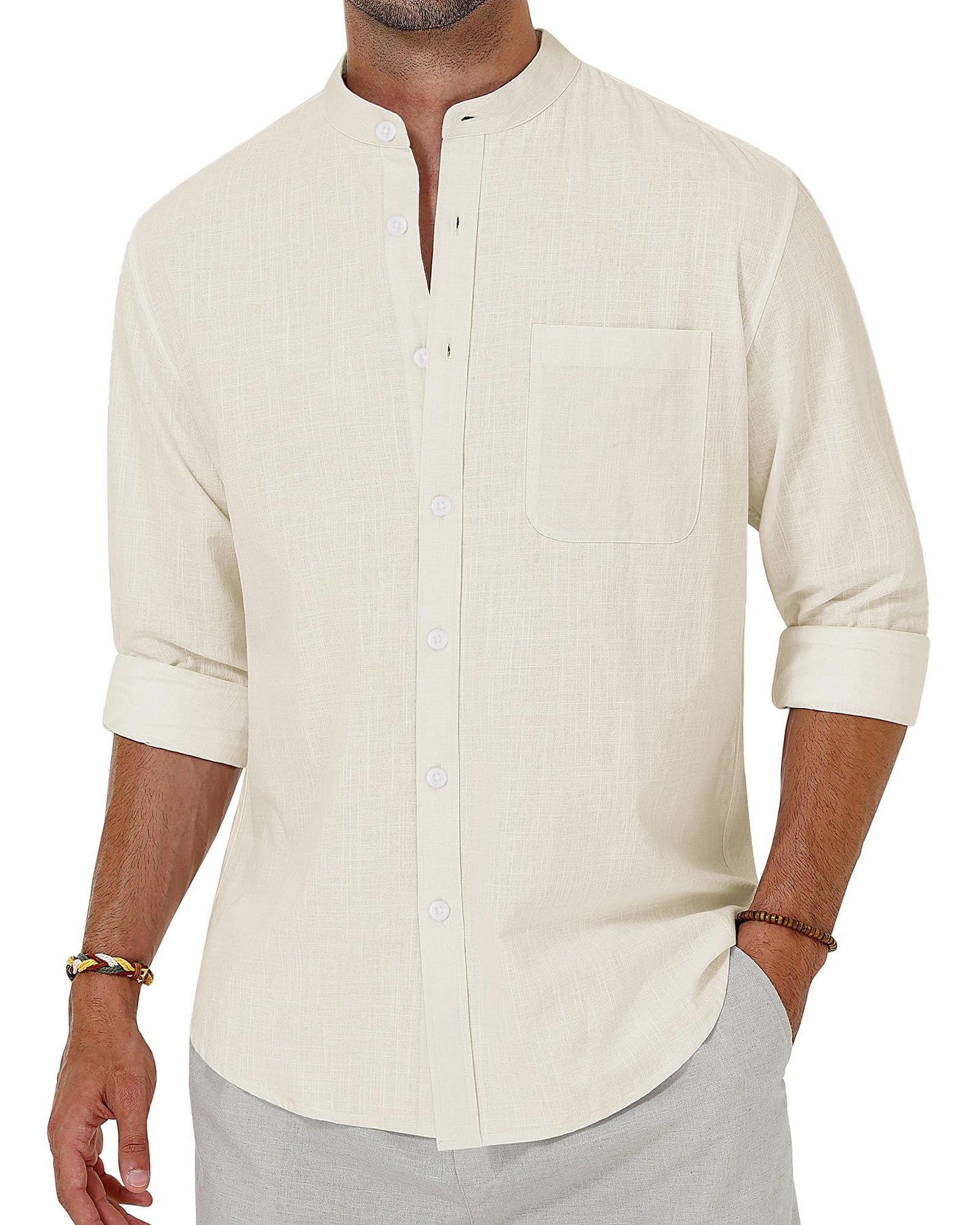 Alimens & Gentle Men's Cotton Linen Shirts Long Sleeve Button Down Shirt Band Collar Beach Shirts