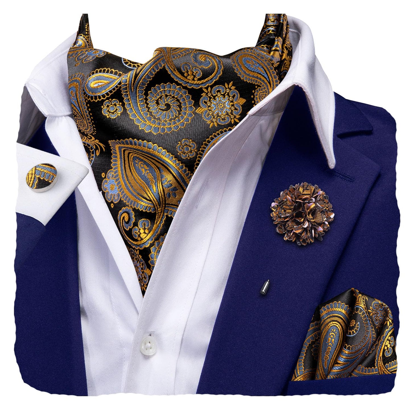 Silk Ascot for Men Self Tie Men's Cravat and Flower Lapel Pin Handkerchief Cufflinks Set for Wedding Party