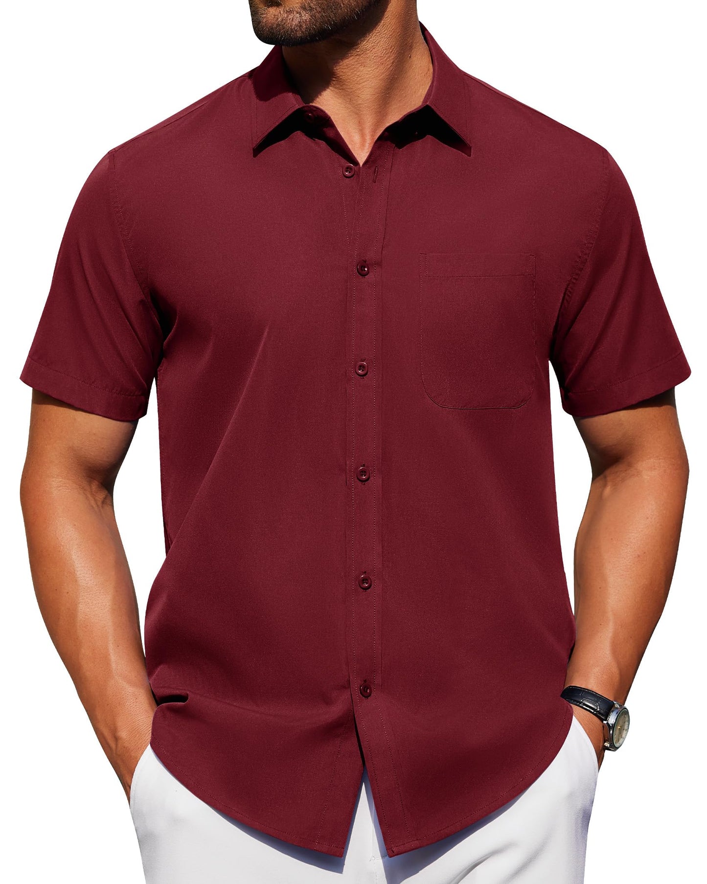 Alimens & Gentle Mens Short Sleeve Dress Shirt Wrinkle Free Solid Casual Button Down Shirts for Summer Business Wedding