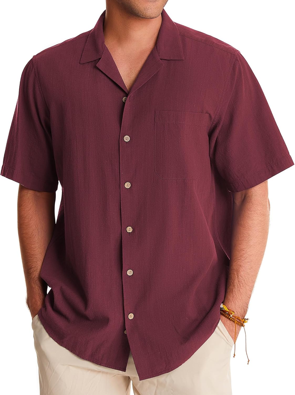 Alimens & Gentle Cuban Linen Shirts for Men Short Sleeve Button Down Shirt Cotton Summer Beach Camp Vacation Hawaiian Shirts