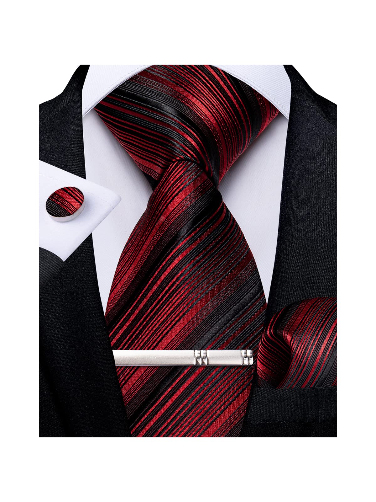 Mens Striped Tie Silk Woven Necktie and Pocket Square Cufflinks Tie Clip Set Wedding Business Formal Gift Tie for Men