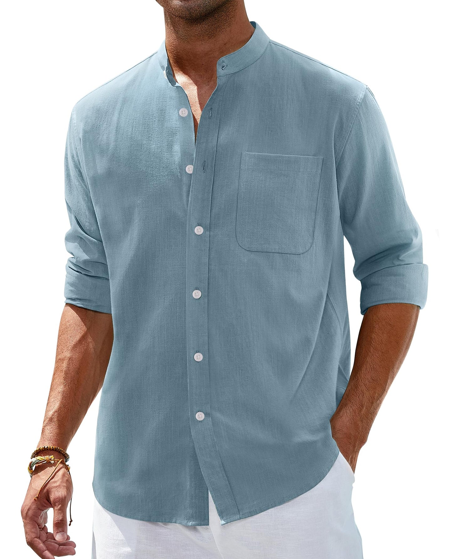 Alimens & Gentle Men's Cotton Linen Shirts Long Sleeve Button Down Shirt Band Collar Beach Shirts