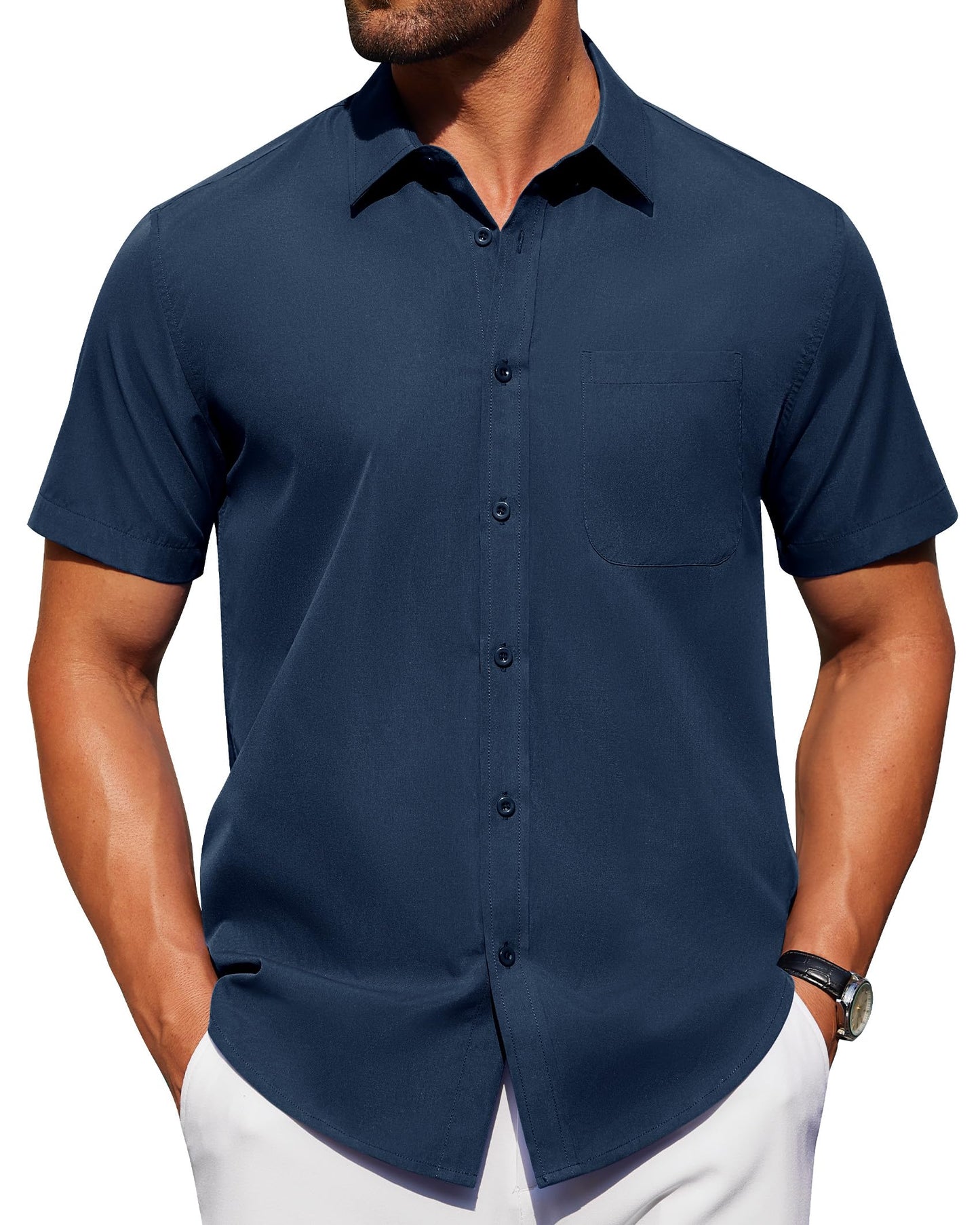 Alimens & Gentle Mens Short Sleeve Dress Shirt Wrinkle Free Solid Casual Button Down Shirts for Summer Business Wedding