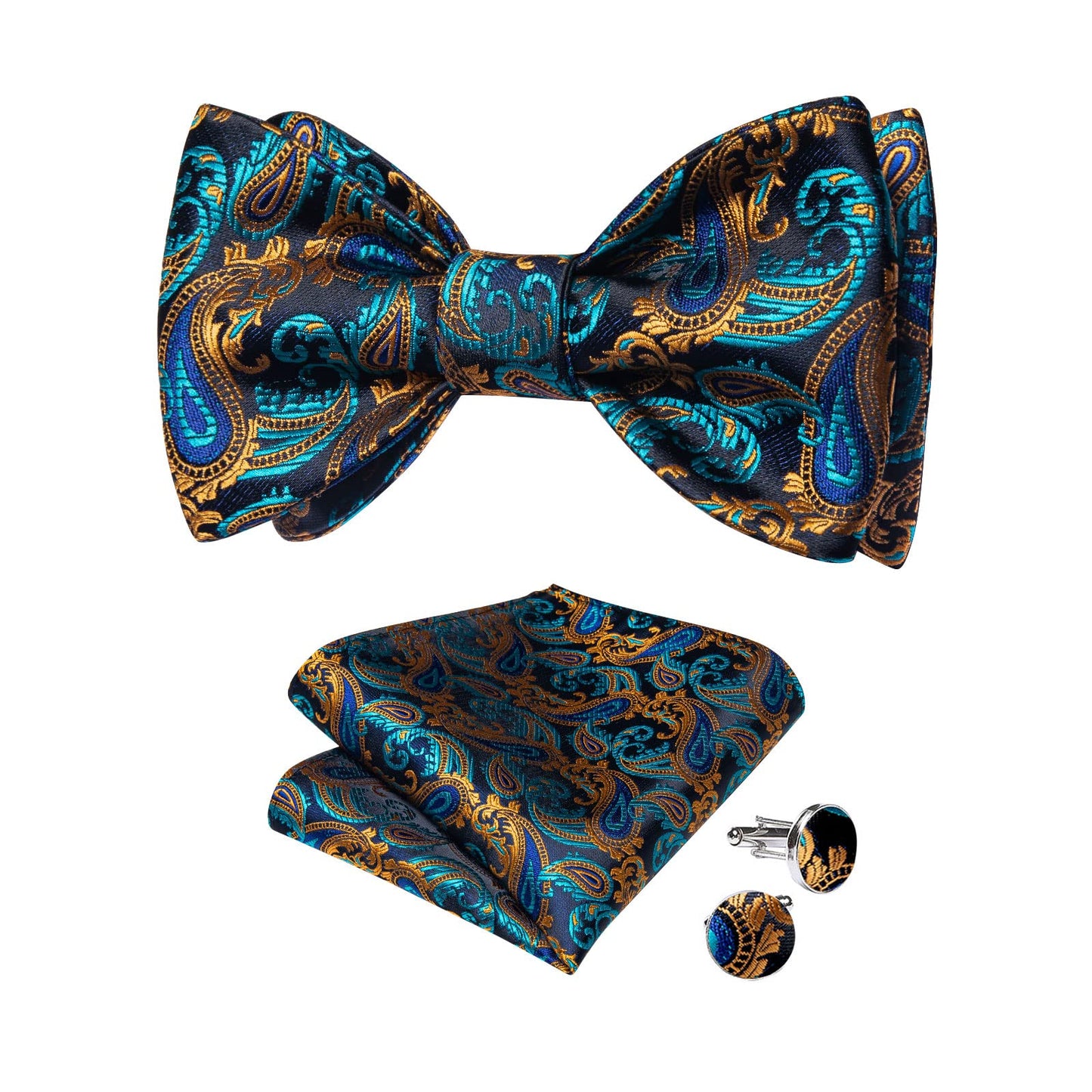 Mens Silk Self Bow Ties,Woven Solid Striped Paisley Bowtie and Pocket Square Cufflinks Set for Men Tuxedo Wedding