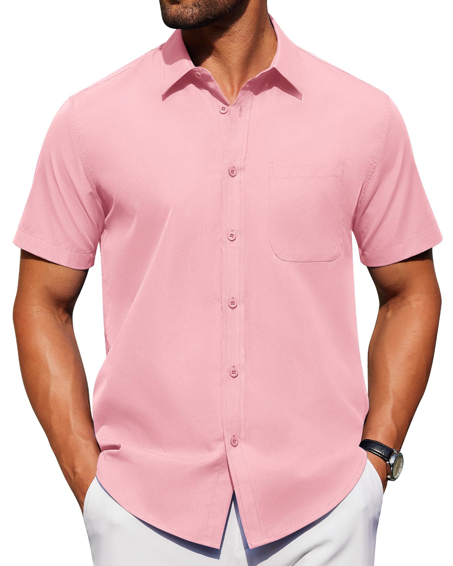 Alimens & Gentle Mens Short Sleeve Dress Shirt Wrinkle Free Solid Casual Button Down Shirts for Summer Business Wedding