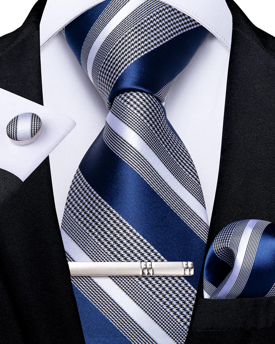Mens Striped Tie Silk Woven Necktie and Pocket Square Cufflinks Tie Clip Set Wedding Business Formal Gift Tie for Men