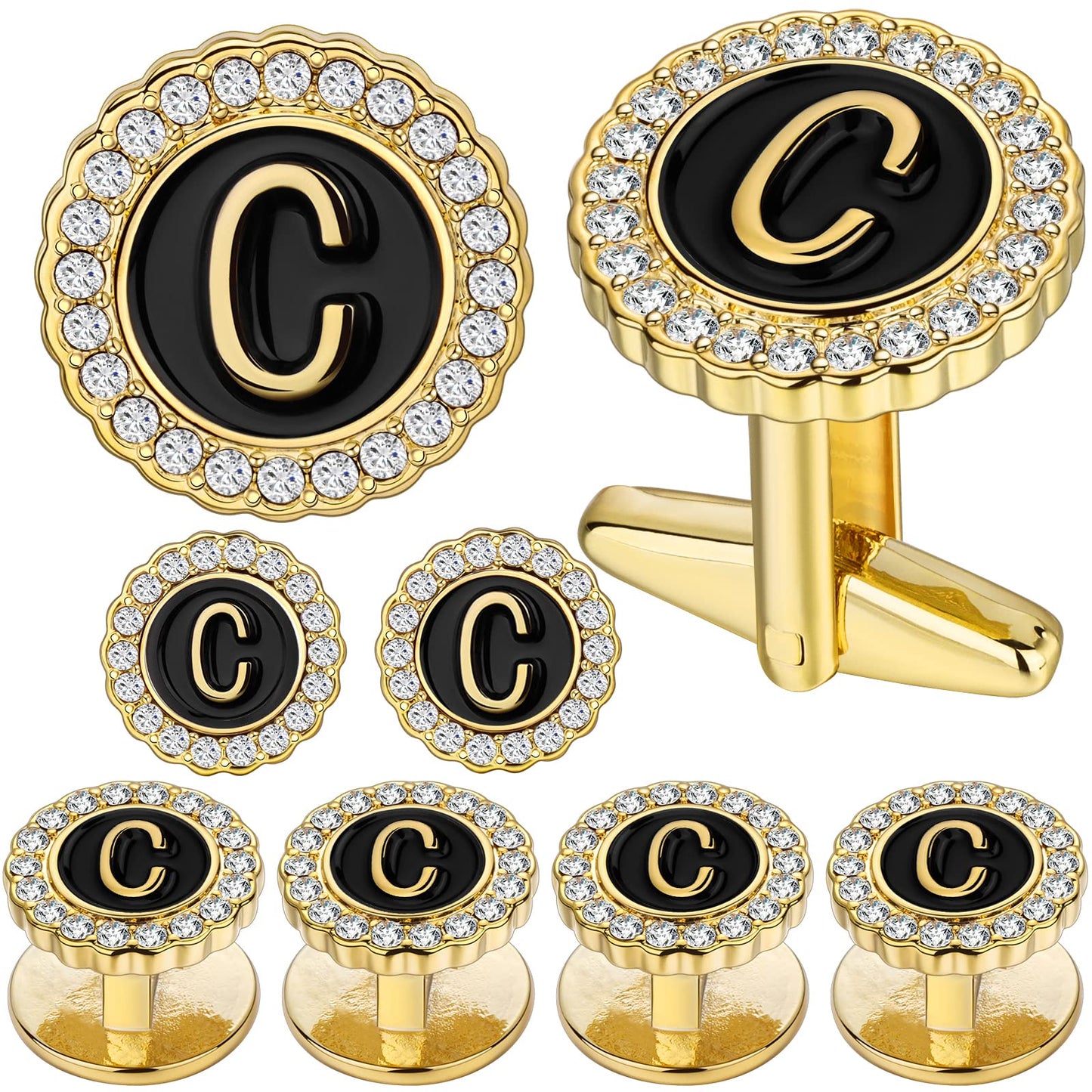 18K Gold Tone Initial Cufflinks for Men with Tuxedo Studs