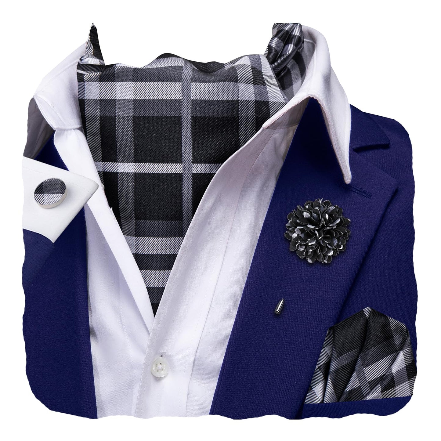 Silk Ascot for Men Self Tie Men's Cravat and Flower Lapel Pin Handkerchief Cufflinks Set for Wedding Party