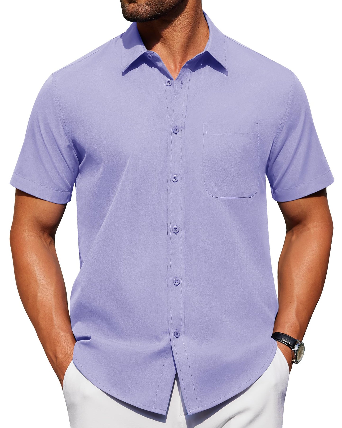 Alimens & Gentle Mens Short Sleeve Dress Shirt Wrinkle Free Solid Casual Button Down Shirts for Summer Business Wedding