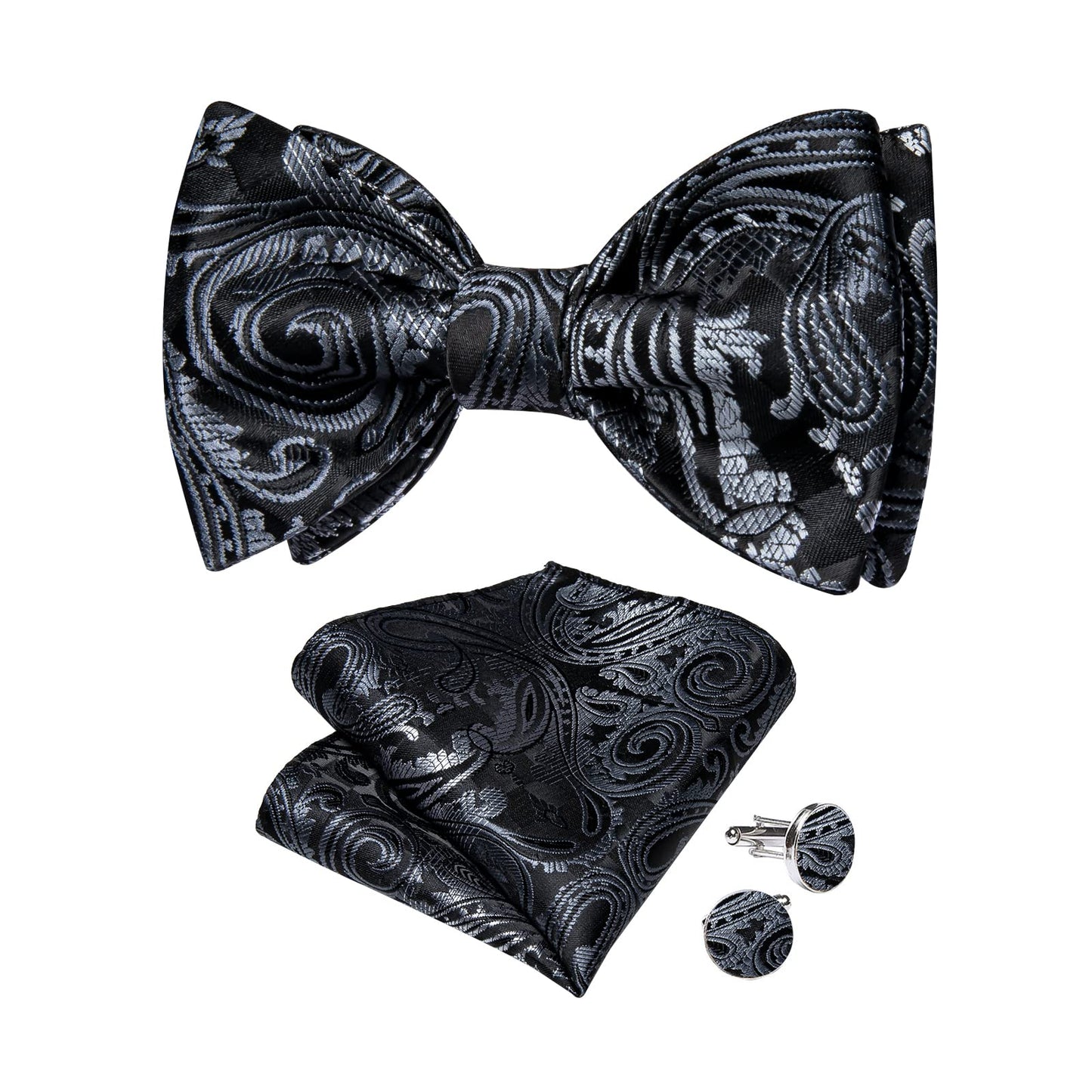 Mens Silk Self Bow Ties,Woven Solid Striped Paisley Bowtie and Pocket Square Cufflinks Set for Men Tuxedo Wedding