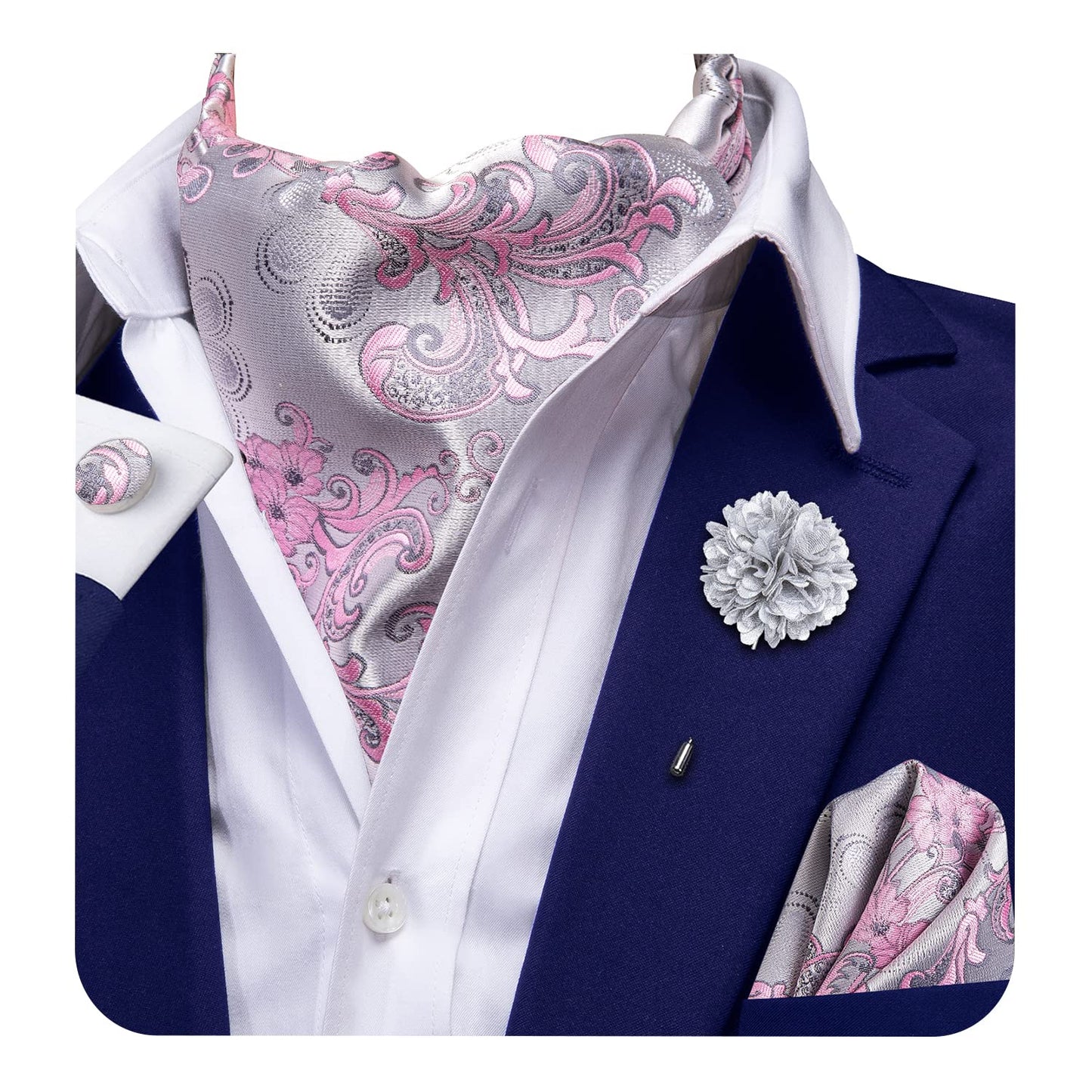 Ascot for Men Silk Cravat Handkerchief Cufflinks Lapel Pin Scarf Tie Sets Wedding Party Formal