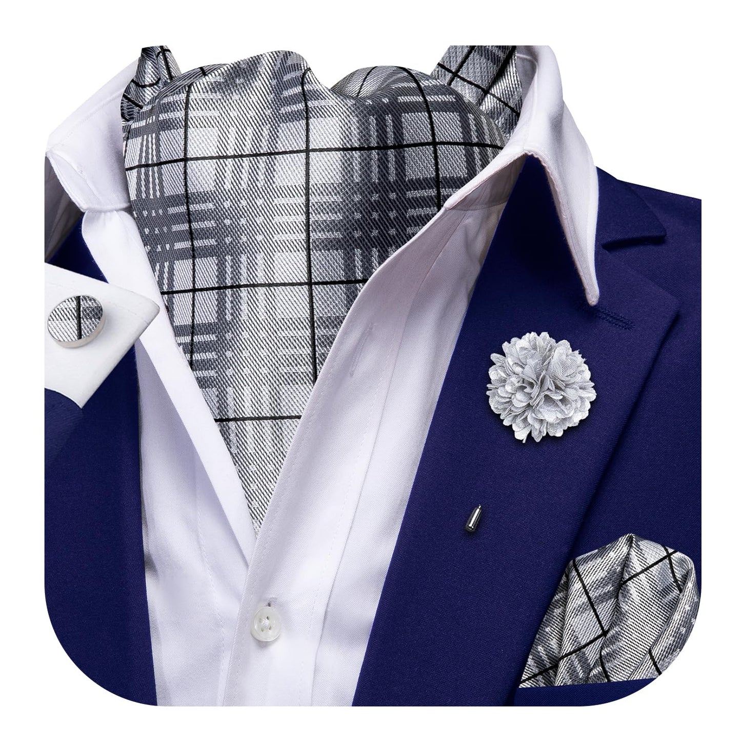 Ascot for Men Silk Cravat Handkerchief Cufflinks Lapel Pin Scarf Tie Sets Wedding Party Formal