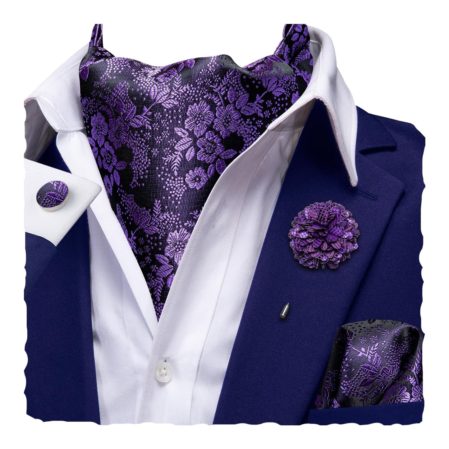 Ascot for Men Silk Cravat Handkerchief Cufflinks Lapel Pin Scarf Tie Sets Wedding Party Formal