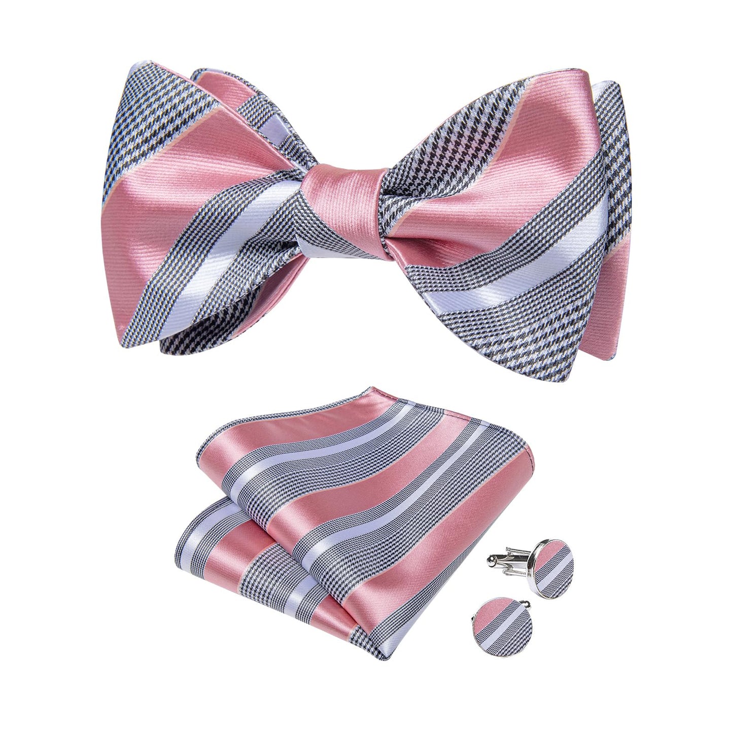 Mens Silk Self Bow Ties,Woven Solid Striped Paisley Bowtie and Pocket Square Cufflinks Set for Men Tuxedo Wedding