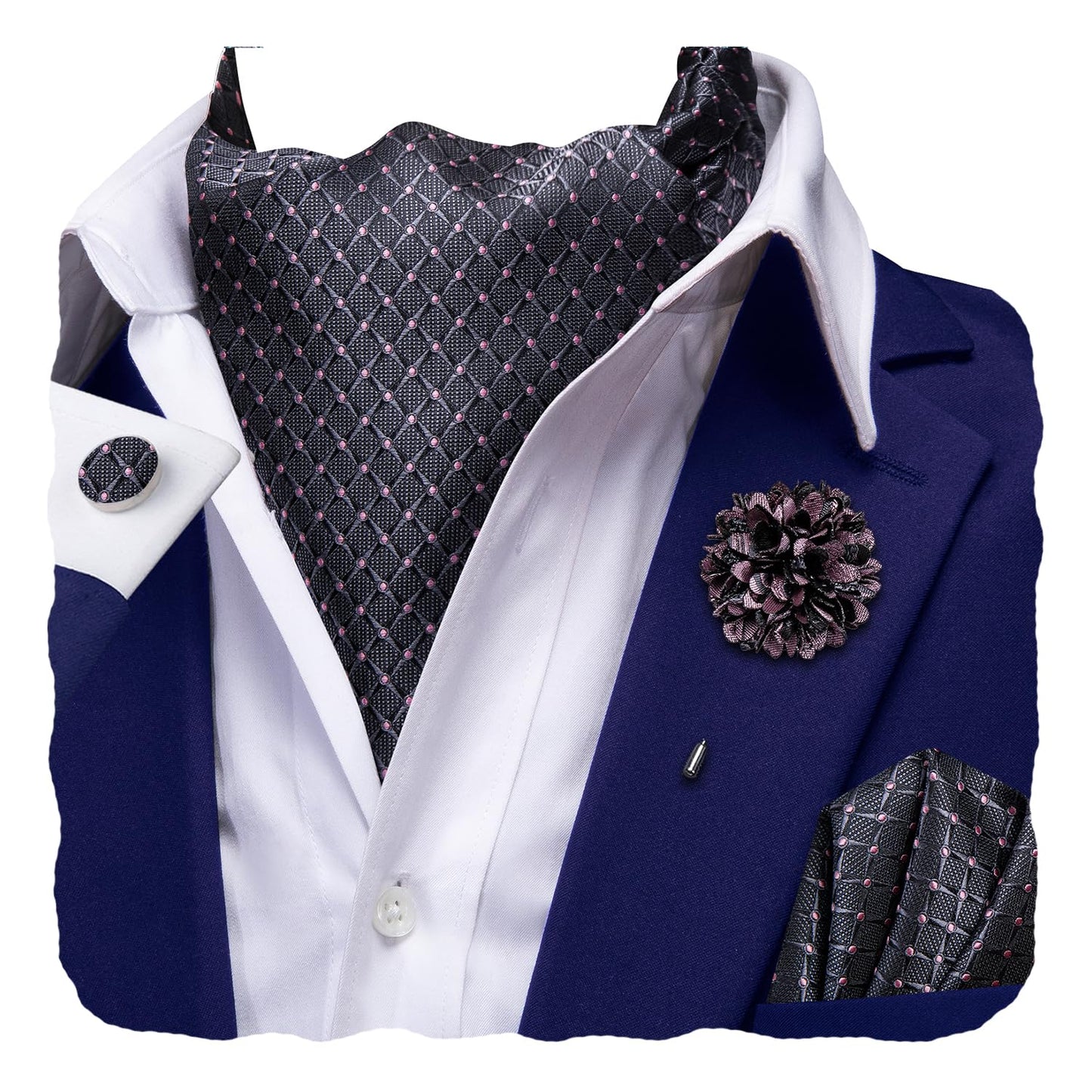 Silk Ascot for Men Self Tie Men's Cravat and Flower Lapel Pin Handkerchief Cufflinks Set for Wedding Party