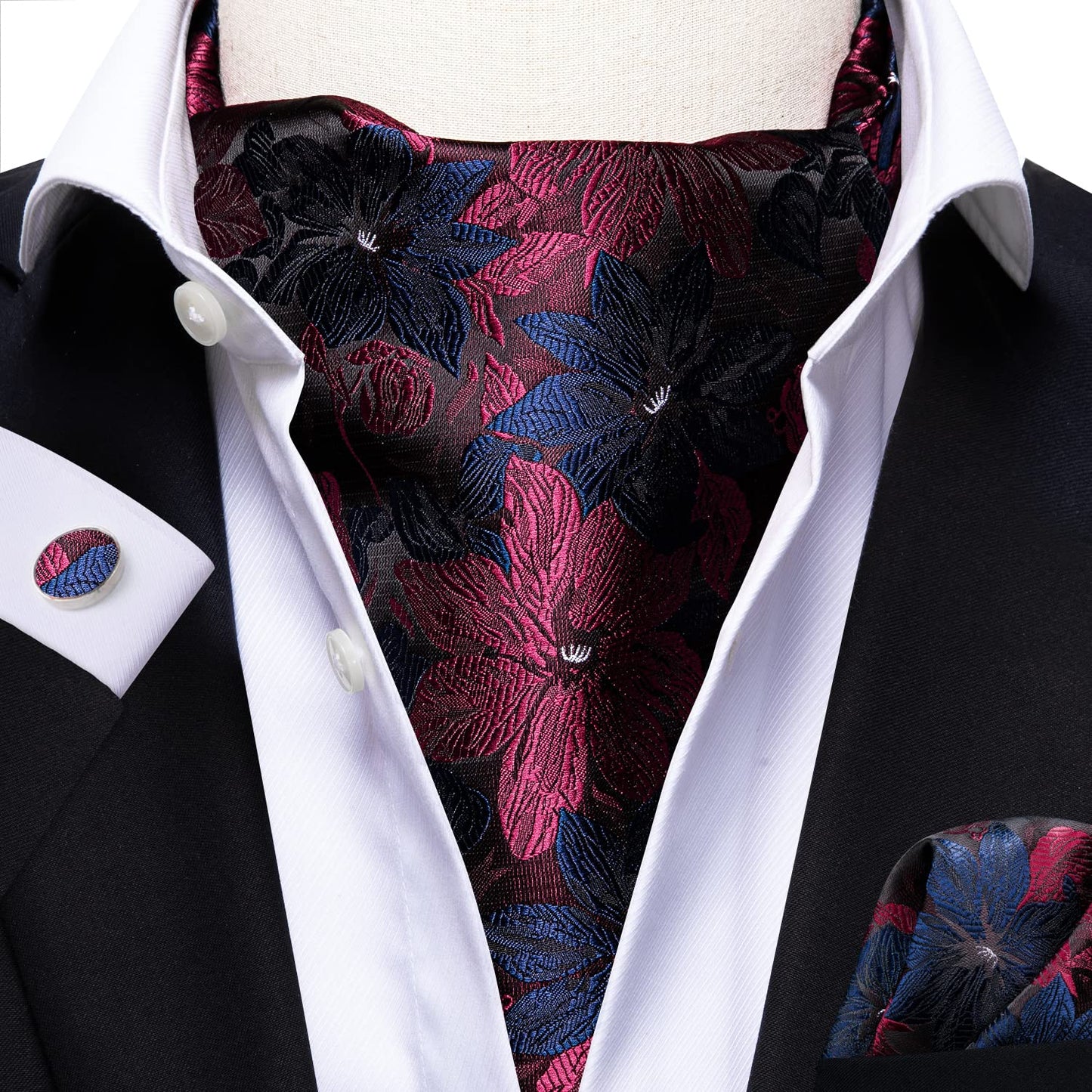 Silk Ascot for Men Self Tie Men's Cravat and Flower Lapel Pin Handkerchief Cufflinks Set for Wedding Party