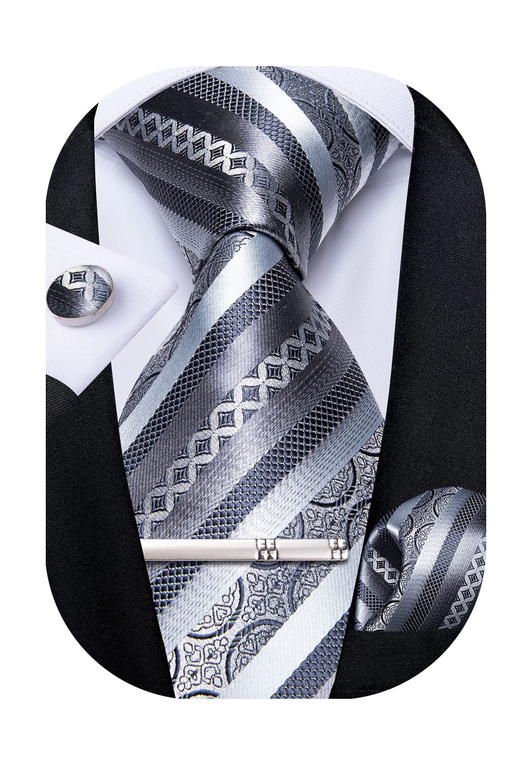Mens Striped Tie Silk Woven Necktie and Pocket Square Cufflinks Tie Clip Set Wedding Business Formal Gift Tie for Men