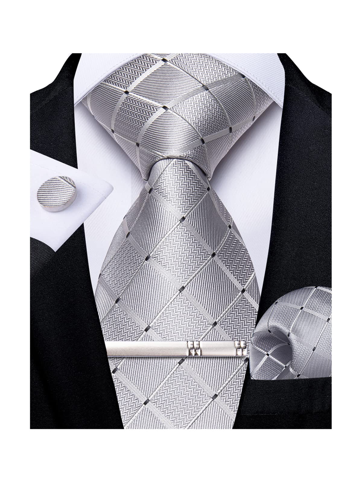 Mens Silk Necktie Solid Color Tie and Pocket Square Cufflink Tie Clip Set Woven Plain Ties for Men Wedding Party