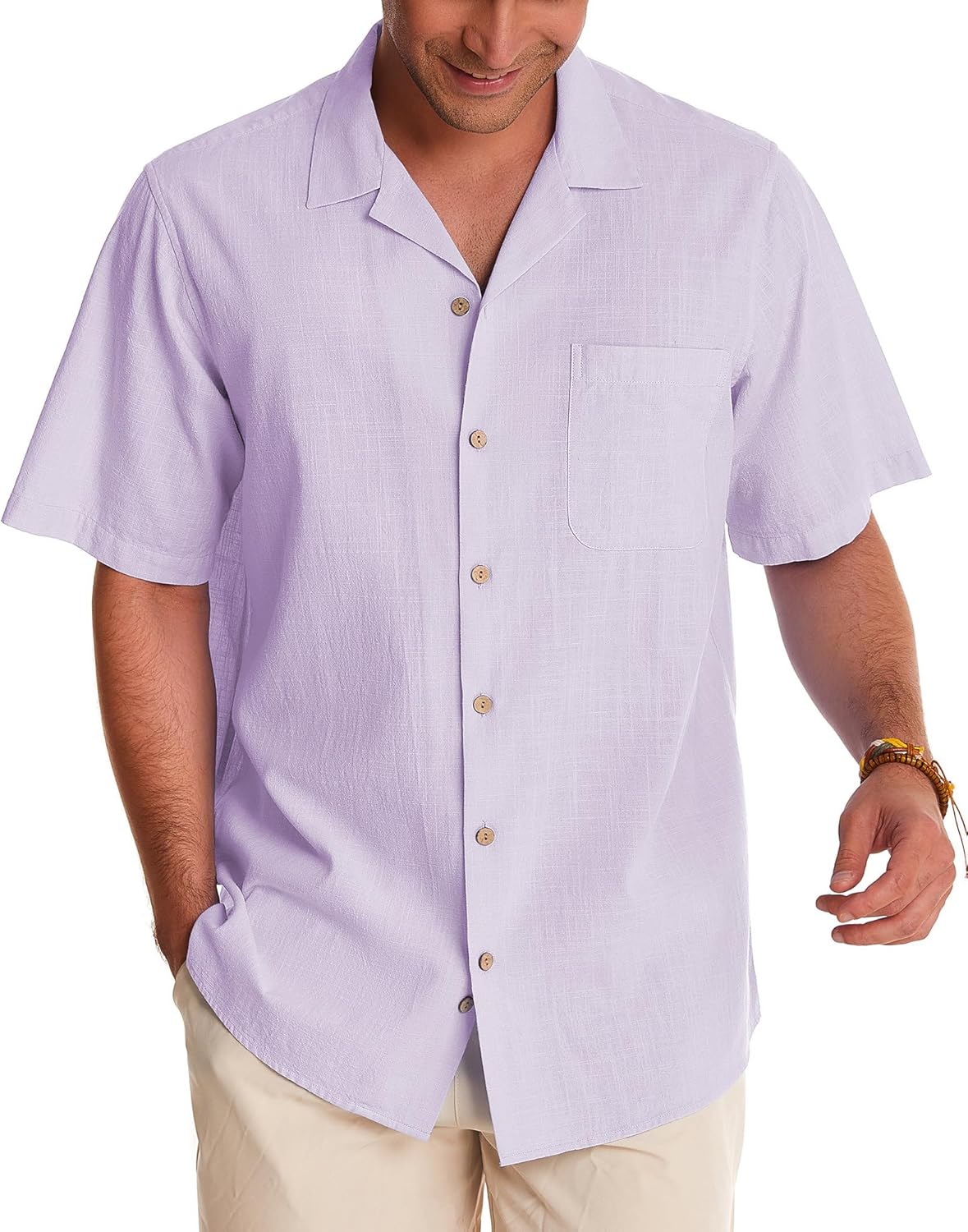Alimens & Gentle Cuban Linen Shirts for Men Short Sleeve Button Down Shirt Cotton Summer Beach Camp Vacation Hawaiian Shirts