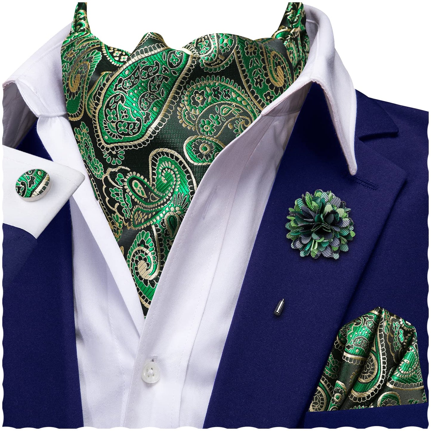 Ascot for Men Silk Cravat Handkerchief Cufflinks Lapel Pin Scarf Tie Sets Wedding Party Formal