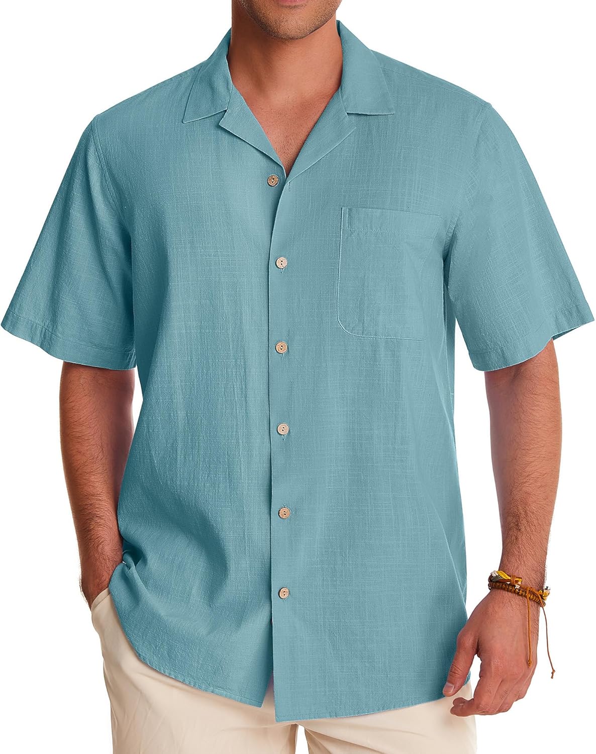 Alimens & Gentle Cuban Linen Shirts for Men Short Sleeve Button Down Shirt Cotton Summer Beach Camp Vacation Hawaiian Shirts