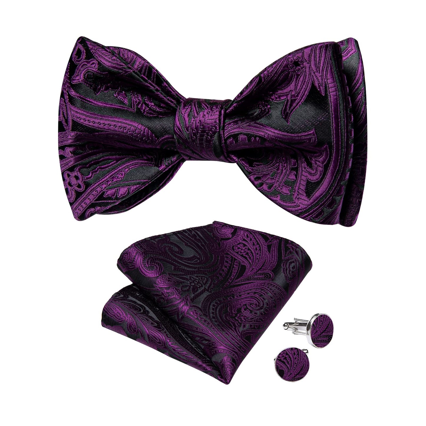 Mens Silk Self Bow Ties,Woven Solid Striped Paisley Bowtie and Pocket Square Cufflinks Set for Men Tuxedo Wedding