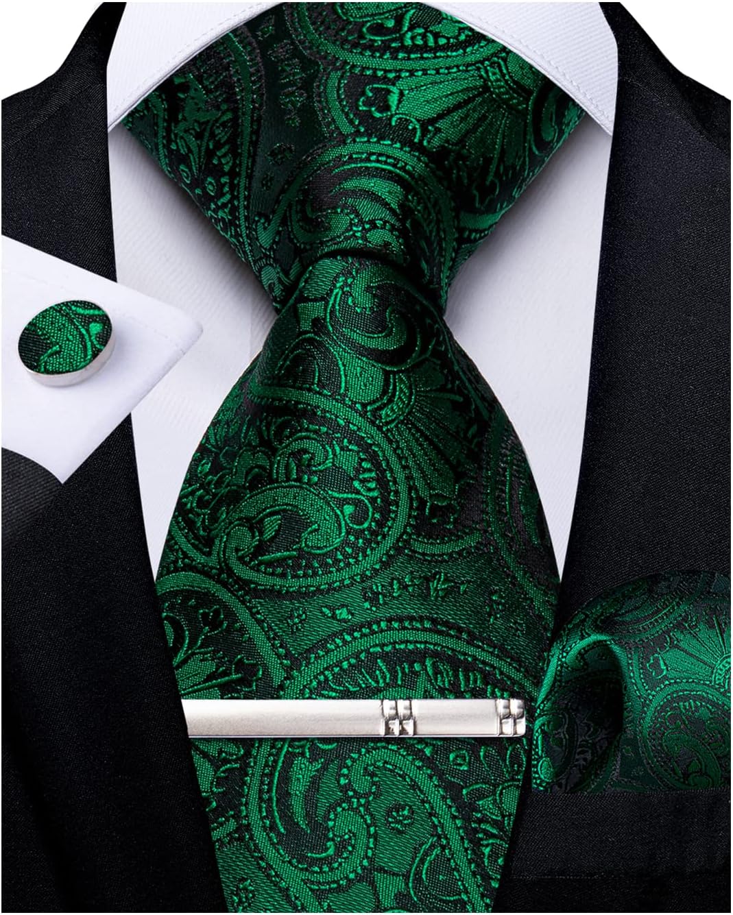 Paisley Ties for Men Silk Necktie and Pocket Square Cufflinks Tie Clip Set Woven Classic Mens Tie for Wedding Party