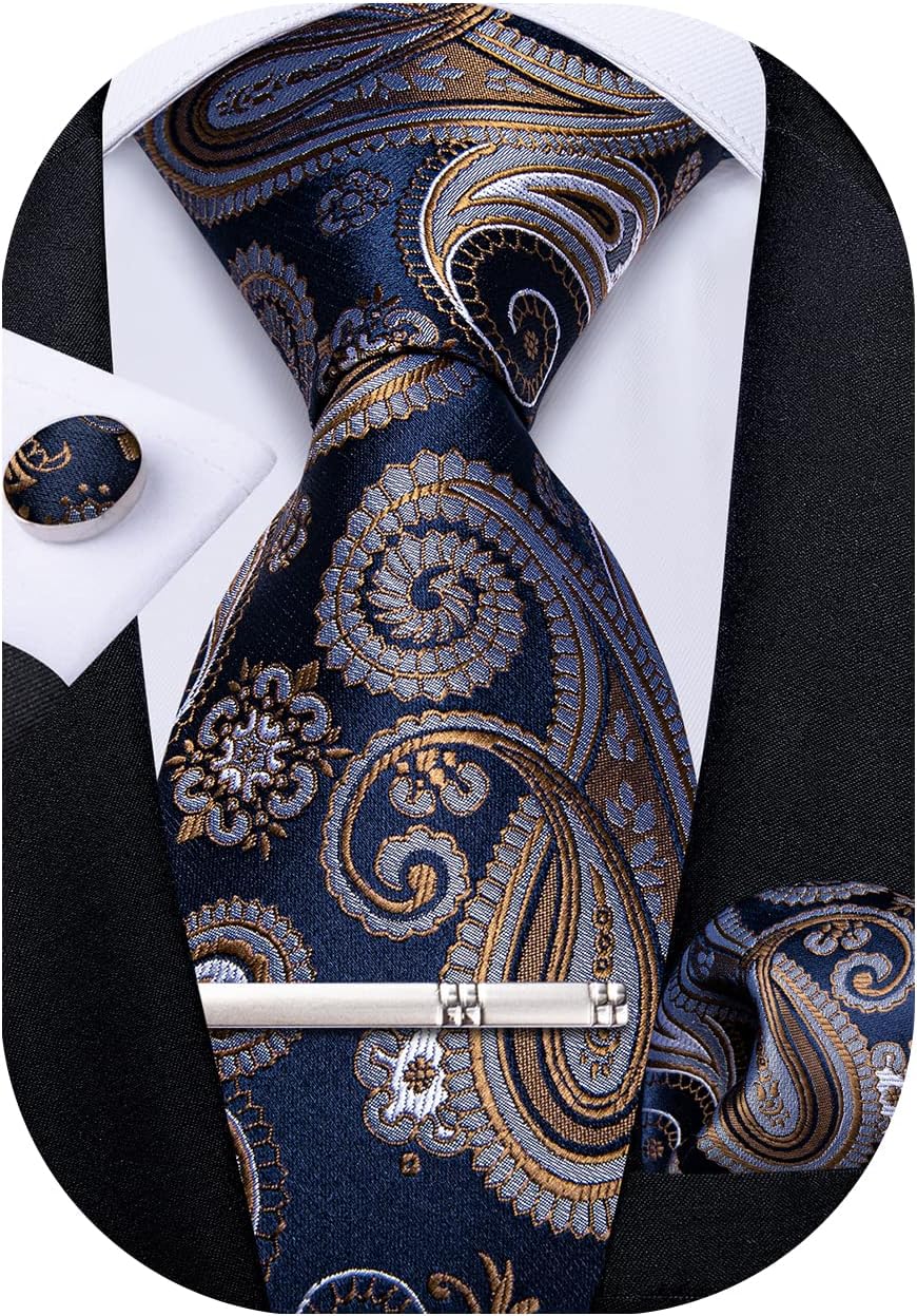 Paisley Ties for Men Silk Necktie and Pocket Square Cufflinks Tie Clip Set Woven Classic Mens Tie for Wedding Party