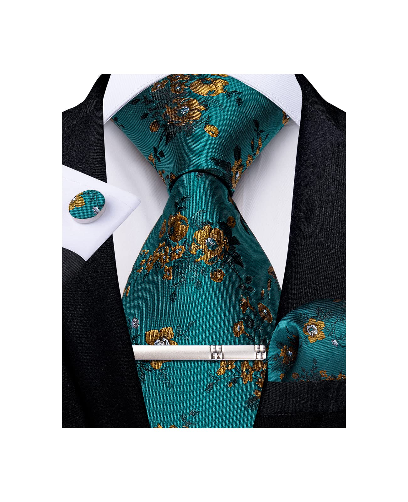 Silk Floral Ties for Men Woven Paisley Necktie and Tie Clip Handkerchief Cufflinks Set for Party Wedding