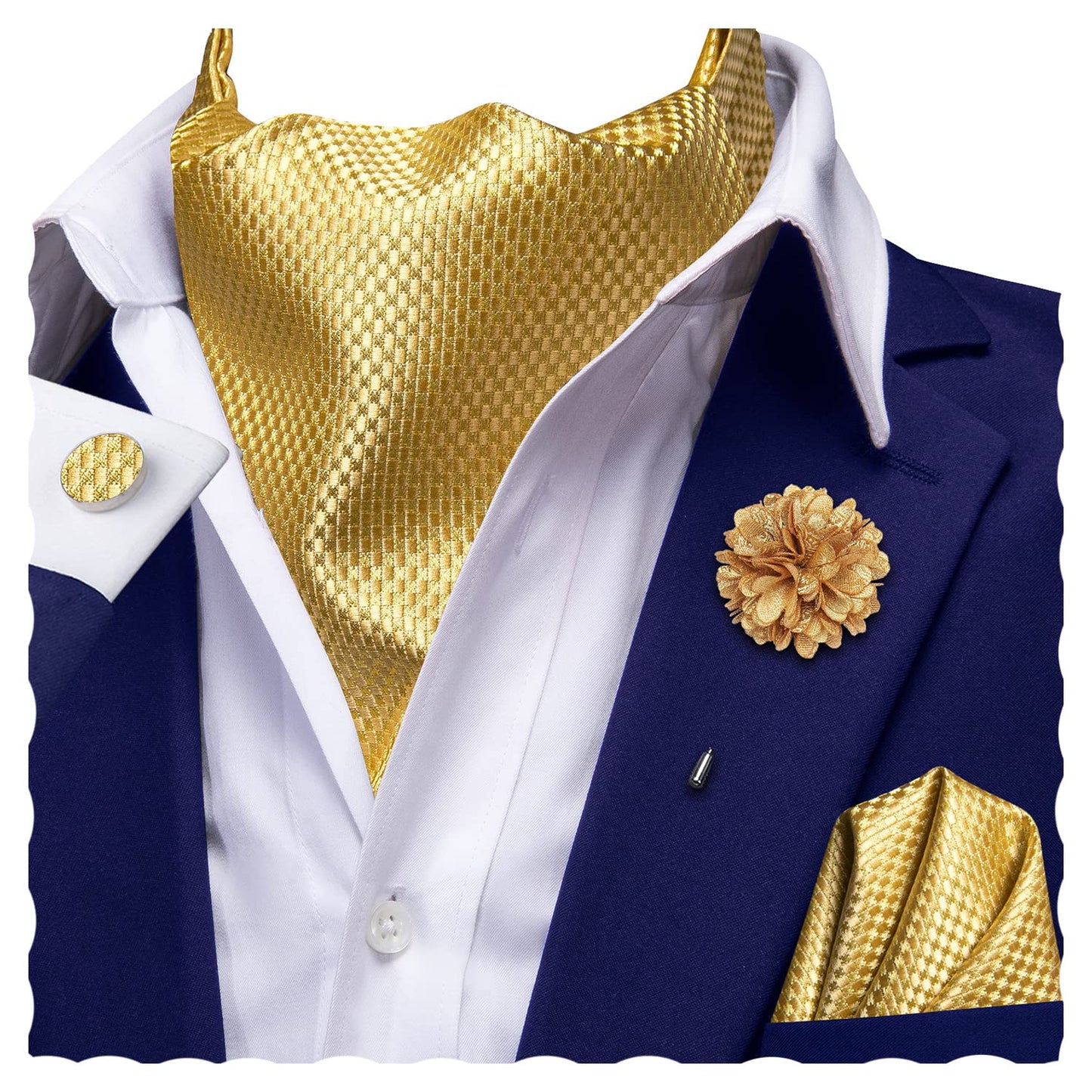 Ascot for Men Silk Cravat Handkerchief Cufflinks Lapel Pin Scarf Tie Sets Wedding Party Formal