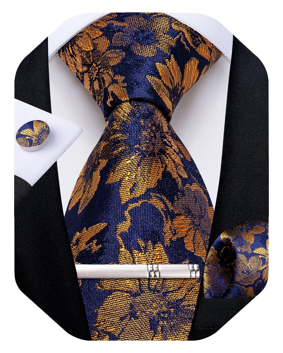 Silk Floral Ties for Men Woven Paisley Necktie and Tie Clip Handkerchief Cufflinks Set for Party Wedding