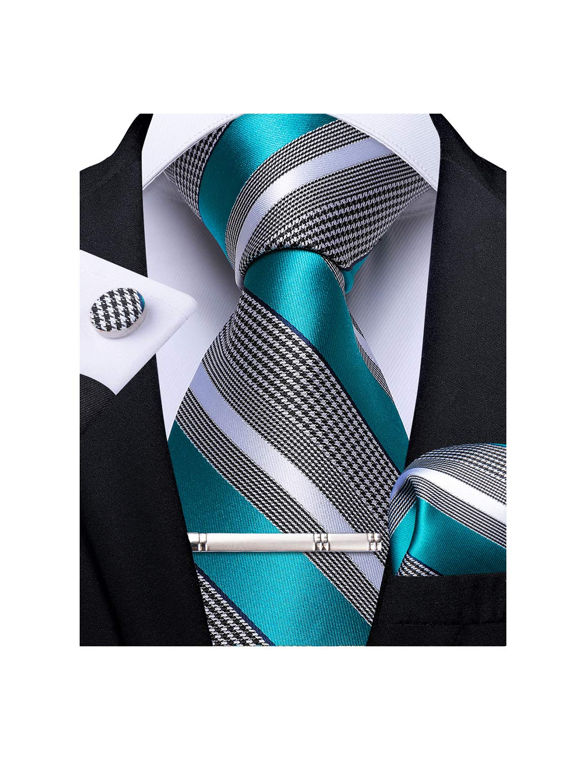 Mens Striped Tie Silk Woven Necktie and Pocket Square Cufflinks Tie Clip Set Wedding Business Formal Gift Tie for Men