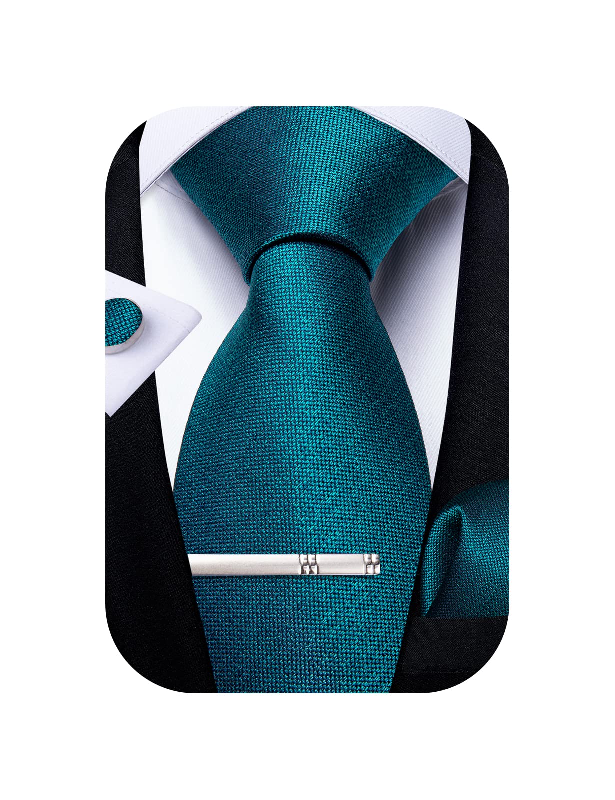Mens Silk Necktie Solid Color Tie and Pocket Square Cufflink Tie Clip Set Woven Plain Ties for Men Wedding Party