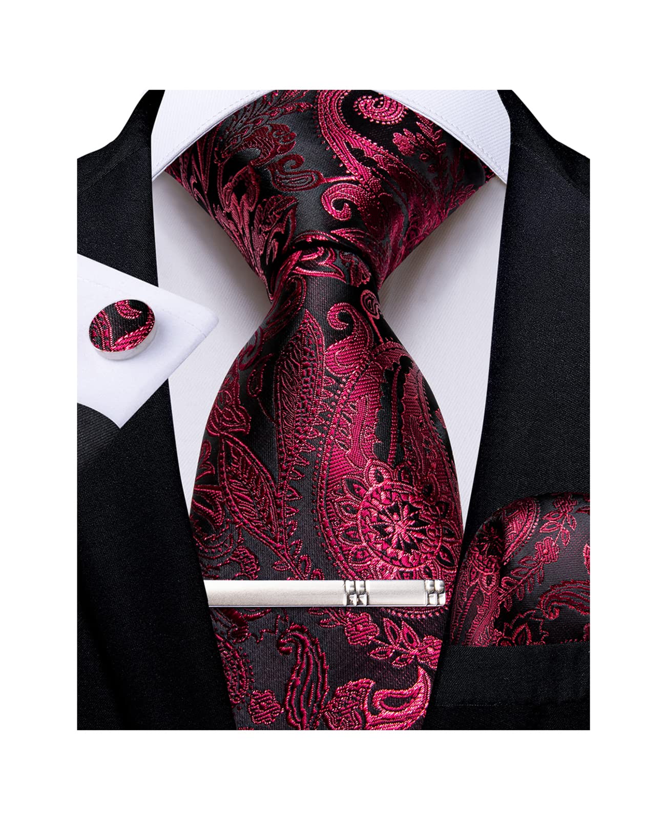 Silk Floral Ties for Men Woven Paisley Necktie and Tie Clip Handkerchief Cufflinks Set for Party Wedding