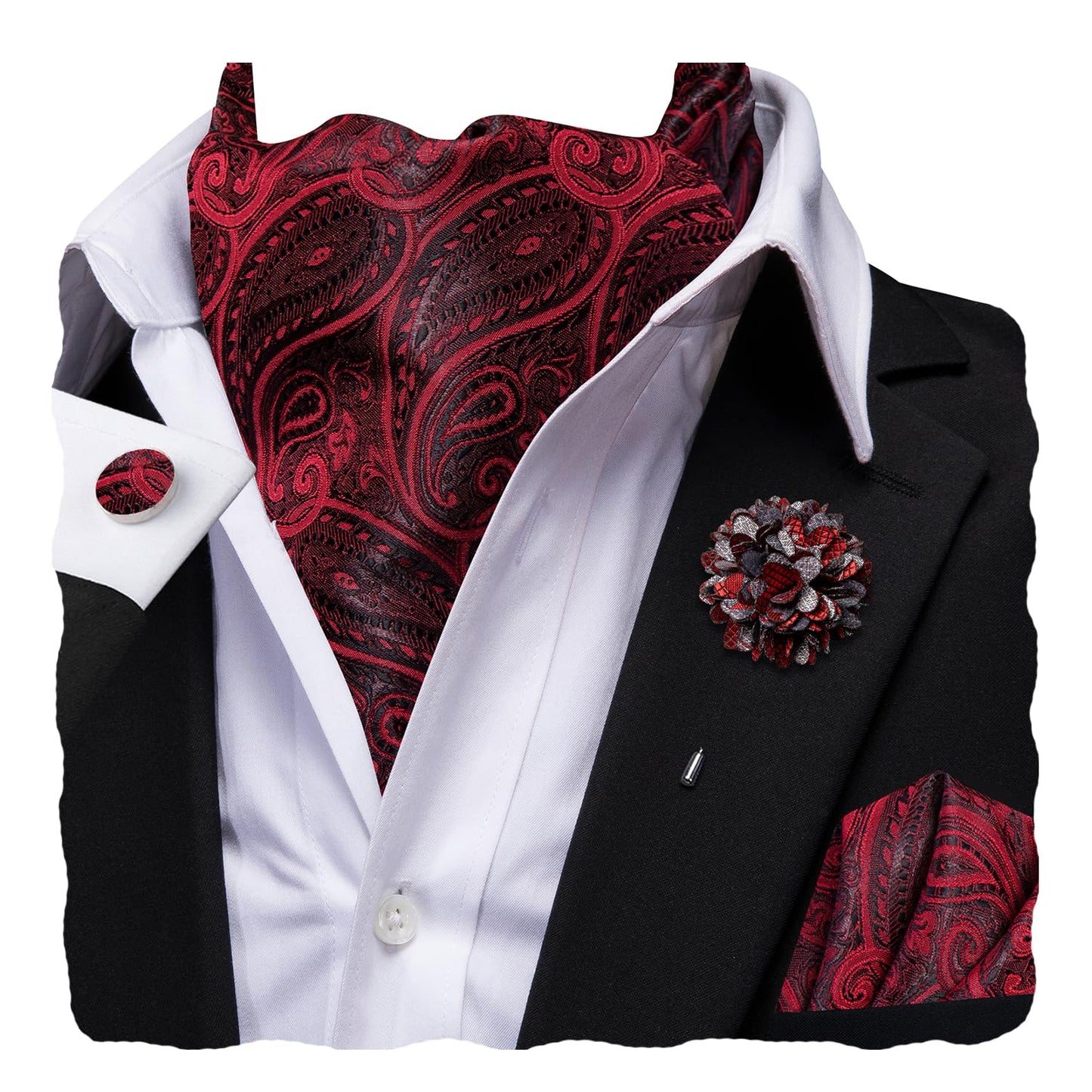 Silk Ascot for Men Self Tie Men's Cravat and Flower Lapel Pin Handkerchief Cufflinks Set for Wedding Party